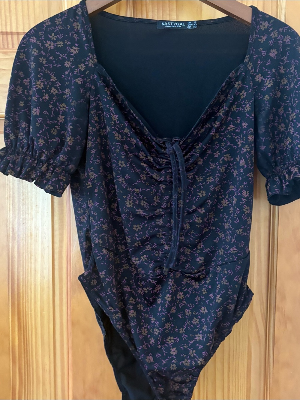 Nasty Gal Black Floral Ruched Tie-Front Puff Sleeve Bodysuit